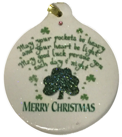 Christmas Irish Blessing Porcelain Ornament Rhinestone Celtic Pride Shamrock Good Luck Gift Box - Laurie G Creations