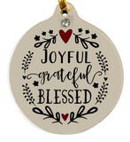 Joyful Grateful Blessed Porcelain Christmas Ornament Rhinestone Family Gift Boxed - Laurie G Creations