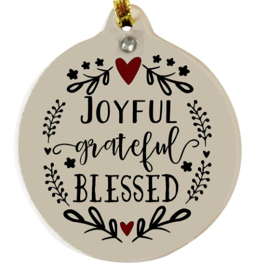 Joyful Grateful Blessed Porcelain Christmas Ornament Rhinestone Family Gift Boxed - Laurie G Creations