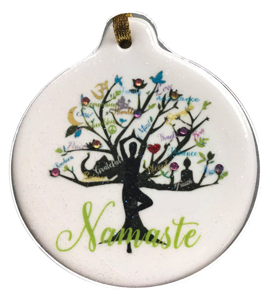 Namaste Peace Green Tree of Life Porcelain Christmas Ornament Rhinestone accent - Laurie G Creations